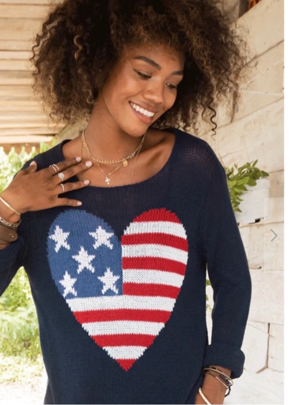 Wooden Ships Blue American Flag Heart Design Knit Sweater Coastal USA Patriotic
